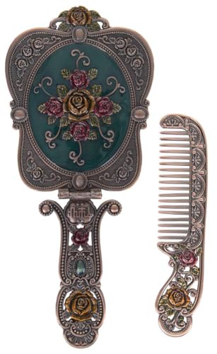 Nerien Antique Mirror Comb Set Vintage Metal Handheld Makeup Mirror with a Comb Russian Style Embossed Rose Hand Mirror Travel Portable Foldable Mirrors Decorative Tabletop Stand Mirrors Copper - color: A - Copper