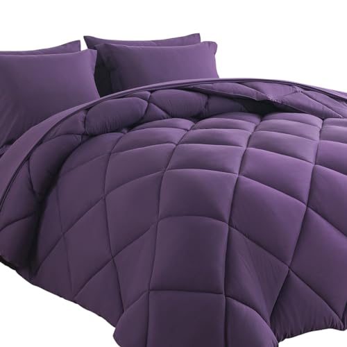 Cosybay Bed in a Bag Full Comforter Sets 7pcs All Season Solid Down Alternative Bedding Sets Purple with Comforter, Pillow Shams, Flat Sheet, Fitted Sheet and Pillowcases - color: Purple, size: Full