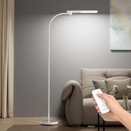 Honeywell LED Floor Lamp for Reading, CRI97 Full Spectrum Gooseneck Floor Lamp with Remote, Eye-Caring Dimmable Standing Task Light, 3 Color Temperatures, 77.5" Tall for Living Room Bedroom Office - color: New White