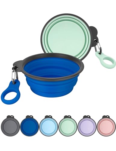 Aonkey Collapsible Dog Bowls with Bottle Carrier, 2 Pack Travel Dog Water Bowl Upgraded Carabiner, One-piece Molded Rim No Fall Off or Crack, Foldable Silicone Portable for Pets Walking Hiking 15oz - color: 2. Navy Blue & Sprout Green, size: Small (Pack o