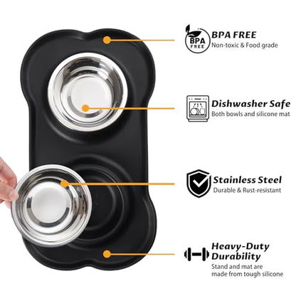 Hubulk Pet Dog Bowls 2 Stainless Steel Dog Bowl with No Spill Non-Skid Silicone Mat + Pet Food Scoop Water and Food Feeder Bowls for Feeding Small Medium Large Dogs Cats Puppies (S, Black) - color: Black, size: Small