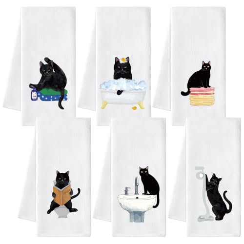 Black Cat Hand Towel - 6Pcs Funny Bathroom Black Cat Decorative Cloths Set Absorbent Polyester Towels for Bath Bar Room Decor, Housewarming Gift for Hostess & Home - color: Multicolor, style: Cat