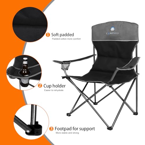 Camping Chair Set of 3, Outdoor Folding Camping Chairs for Heavy People with Cup Holder & Carry Bag,Collapsible Chair Include One Sofa Chair and Two Single Chair,Support up to 500lbs - color: Black-4pcs