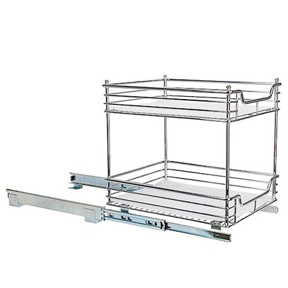 Household Essentials Glidez Chrome-Plated Steel Pull-Out/Slide-Out Storage Organizer with Plastic Liners for Under Cabinet Use - 2-Tier Design - Fits Standard Size Cabinet or Shelf, Chrome - size: 14.5" - Standard, style: 2-Tier