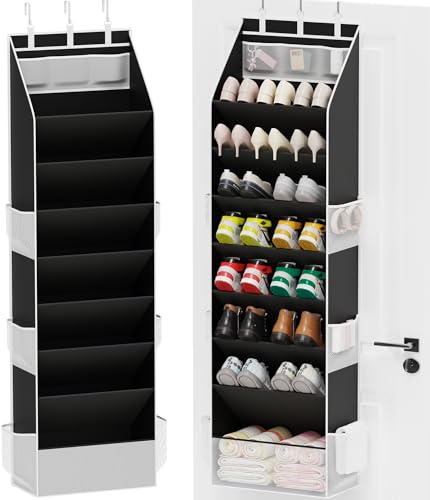 Criusia Shoe Organizer, Over the Door Shoe Organizer for Closet, Hanging Closet Shoe Storage with Large Deep Pockets, Holds Sneakers, Sandals, Boots, Fits 16–24 Pairs, Black - color: Black