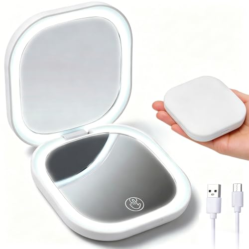 Portable Mirror, LED Light Up Compact Mirror with 1X 10X Magnification, Double Side 3 Color Lighting Dimmable, USB Rechargeable Portable Small Pocket Makeup Mirrors with Lights for Women Girls, White - color: Ivory