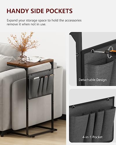 Vantic C Shaped End Table Set of 2, Small Side Table for Couch and Recliner, Slide Under Sofa Tray Desk with Storage Bag for Living Room and Bedroom, Rustic Brown - color: Rustic Brown