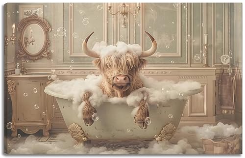 1Pc Framed Vintage Bathtub Highland Cow Wall Art Funny Bath Cow Posters Prints Brown Farmhouse Cow Pictures Paintings Fashion dream bubble cow Wall Decor for Bathroom Hallway Living Room Decoration - color: Beige, size: 24"L x 16"W