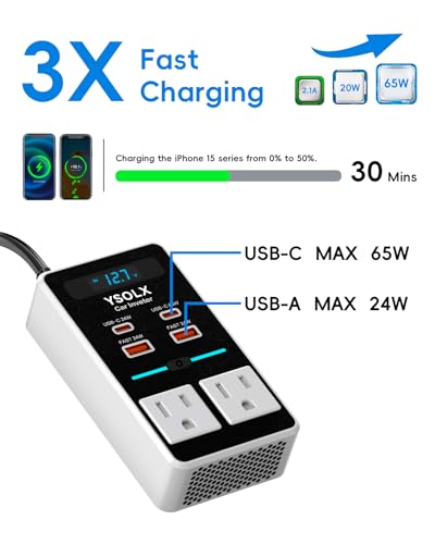 YSOLX 300W 12V to 110V Car Power Inverter, with Dual USB-A 24W and USB-C 65W, Dual AC Car Plug Adapter Outlet and Equipped with a Display Screen.Suitable for car Trips, Camping,Charging laptops - color: white