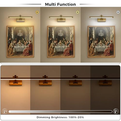 Wireless Picture Lights for Wall Removable Battery Charging, Battery Operated Art Light for Paintings, 3CCT Dimmable with Remote, Rotatable Gallery Light for Pictures Display - color: Gold