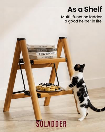 SOLADDER 2 Step Ladder, Folding Step Stool with Anti-Slip Wide Sturdy Pedal, Multi-Use for Home and Kitchen Use, Space Saving-Woodgrain(300lbs Capacity) - color: Woodgrain, size: 2 Step