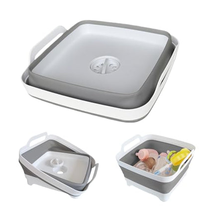 GIMWA Collapsible Wash Basin with Drain Plug - 2.4 Gallon Foldable Kitchen Sink for Baby Bottles, RV Camping, Space-Saving Dish Tub (Gray-Pink) - color: Gray-pink