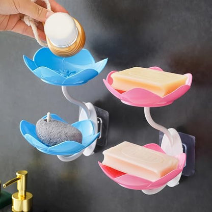 2 Pack Soap Dish Holder for Shower Bar Double Layer Cute Lotus Shape Adhesive Tray Sink Wall Mounted Shampoo NO-Drilling Self Draining Hanging Saver Rack Plastic Bathroom Bathtub Kitchen，Pink+Purple - color: D-pink+purple