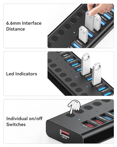 AGEEN 16-Port Powered USB 3.2 Hub-10Gbps SuperSpeed Data Splitter with 2 USB-C & 11 USB-A Ports, 3 x 24W QC 3.0 Fast Charging Ports, Individual On/Off Switches, 96W Power Adapter for Laptop, PC - size: 16-Port (10Gbps)
