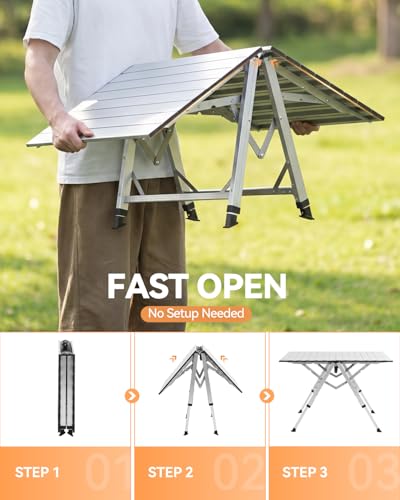 Sportneer Camping Table: 35.4"x23.6" Large Bi-Fold Portable Folding Table with Fast Open Design, 3 Adjustable Heights Aluminum Tabletop for Camping Picnics Fishing BBQs & Backyard Use - color: Silver