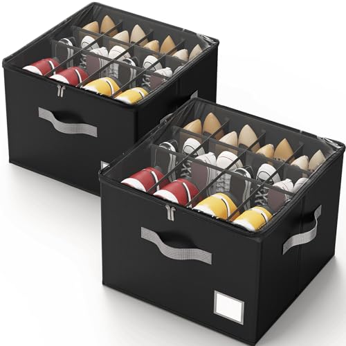 Criusia Shoe Organizer for Closet, Foldable Shoe Storage Organizer with Clear Cover and Sturdy Handles, Fit 12-16 Pairs, Closet Organizer for Shoes Sneakers Sandals Heels, 2 Pack, Black - color: Black, size: 2 Pack