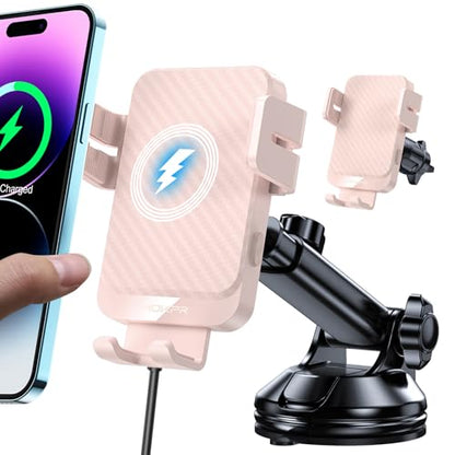 Wireless Car Charger, MOKPR 15W Fast Charging Auto-Clamping Car Mount Hands-Free Car Charger Mount for Dash Windshield Air Vent Compatible with iPhone 16 15/14/13/12, Samsung S23/S22/S21 Pink - color: Light pink