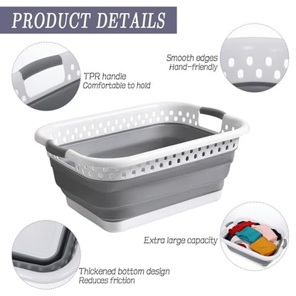2 Pcs Collapsible Laundry Baskets, 11 Gallon 42L Collapsible Laundry Clothes Hamper, Foldable Laundry Hamper with Non-Slip Handles, Portable Space Saving Pop-Up Laundry Hamper Container (Grey-White)
