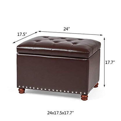 Leather Ottoman with Storage,24’’Foot Rest Ottomans with Hinged Lid Rectangle Upholstered Foot Stools Nailhead Trim for Living Room Bedroom,Dark Brown - color: Dark Brown With Button