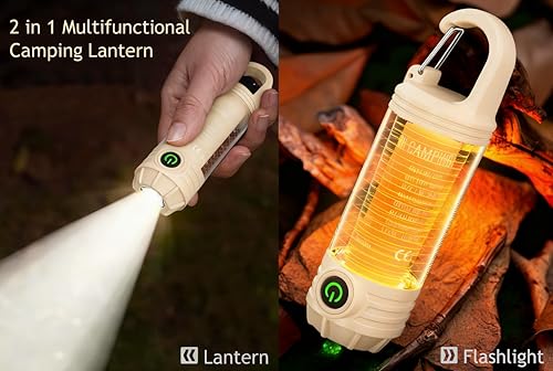 Flamix 2-in-1 LED Camping Lanterns and flashlights for Hurricane, Hiking, Home, Emergency, Rechargeable Camping Lantern with 6 Lighting Modes, IPX4 Waterproof, Compact Design, One-Hand Hold,Beige