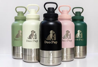 DuoPup 32oz Insulated Stainless Steel Pet Water & Food Bottle – Portable Leak-Resistant Dispenser with Two Detachable Bowls & Carrying Strap – Travel, Hiking & Outdoor Pet Hydration – Dark Green - color: Dark Green
