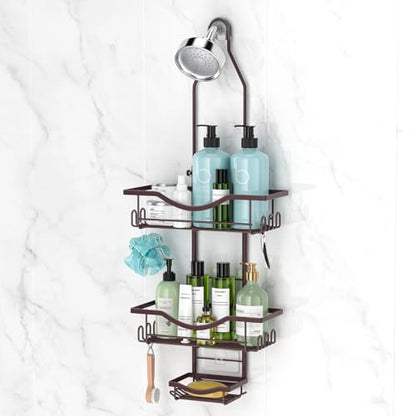 REINHARDT Shower Caddy Hanging Adjustable, Extended Length Rustproof Showers Caddy Over Showerhead with Hooks Soap Holder, Large Capacity Shower Organizer Anti-Swing Bathroom Organizer, Bronze - color: Bronze