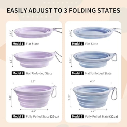 Collapsible Dog Bowls 2-Pack, Portable Travel Dog Bowl with Carabiner, Food-Grade Silicone Pet Bowl for Hiking, Walking (22 OZ Macaron Blue and Violet) - color: 22 OZ Macaron Blue and Violet