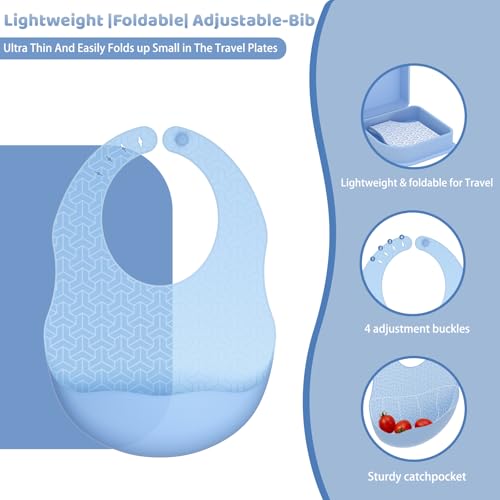 Blue Silicone Foldable Feeding Set, Travel Baby Feeding Supplies Including Toddler Plates, Silicone Baby Spoon&Fork, Adjustable Foldable Bib, Portable Infant Toddler Utensils - color: Blue