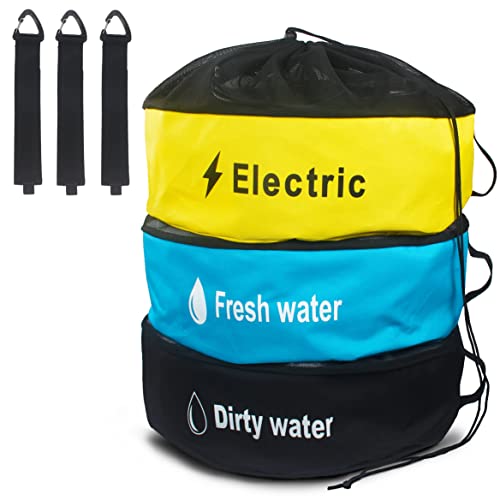 RV Hose Storage Bag, 3 Pack Utility Bag for Sewer Hose, Camper and RV Accessories with 3 Storage Straps, 3 Colors for Fresh & Black Water Hoses, Electrical Cords and Camper Accessories - color: blue & yellow & black