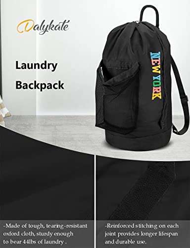 Dalykate Backpack Laundry Bag, Laundry Backpack with Shoulder Straps and Mesh Pocket Nylon Clothes Hamper Bag with Drawstring Closure - color: Black-1
