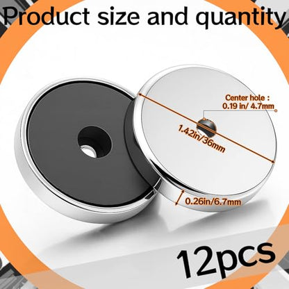 12 Pcs Ceramic Round Base Magnet with Chrome Plated Steel Cup, 35lbs Heavy Duty Circle Magnet with Hole Magnetic Round Base for Workshop Rv Conversion Cabinet Fixture(d1.42 xc0.19 xt0.26) - size: D1.42"xC0.19"xT0.26"
