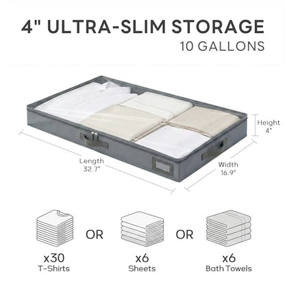 4" Low Profile Under Bed Storage Bins (2-Pack, Grey), Slim 600D Oxford Fabric Clothes Organizer Box with Reinforced Leather Handles, Sturdy Clear Lid - size: 4-Inch (2-PACK) - Slim