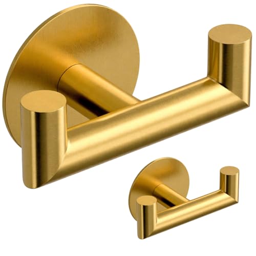 GWAAZXGZ 2 Pack Brushed Gold Bathroom Hooks for Towels - Self Adhesive Double Hooks for Wall, No Drilling, Stainless Steel 304, Strong Hold for Robes, Coats, Shower Use - color: Gold