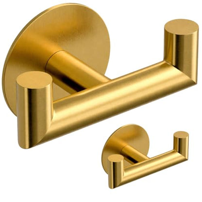 GWAAZXGZ 2 Pack Brushed Gold Bathroom Hooks for Towels - Self Adhesive Double Hooks for Wall, No Drilling, Stainless Steel 304, Strong Hold for Robes, Coats, Shower Use - color: Gold