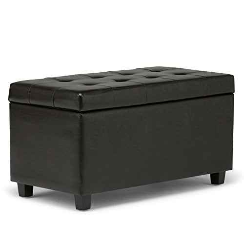 SIMPLIHOME Cosmopolitan Storage Ottoman - 34 inch Wide Upholstered Vegan Leather Rectangle Storage Ottoman Bench in Tanners Brown, Transitional Tufted Ottoman for Living Room with Lift-Up Lid - color: Tanners Brown