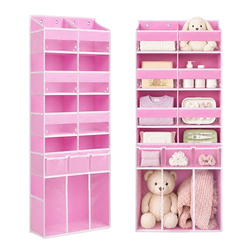 Extra Large Over The Door Organizer with Clear Pockets - 8 Compartments & XL Bottom Storage, Heavy-Duty Hanging Organizer for Bathroom, Bedroom, Closet (57 Inch Height). (Pink) - color: Pink