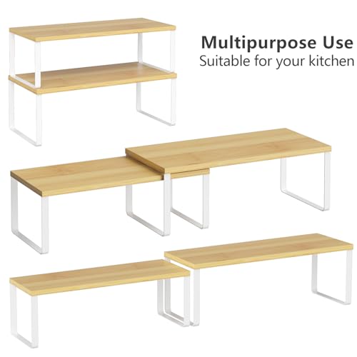 NEX Kitchen Cabinet and Counter Shelf Organizer, Stackable & Expandable, Set of 4, White and Natural - 7.7 x 15.6 x 6.2'' - color: Cloud White + Natural Beige, size: 15.6''W