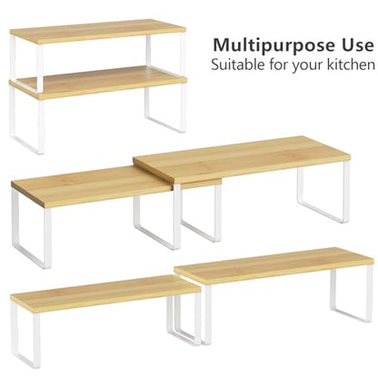 NEX Kitchen Cabinet and Counter Shelf Organizer, Stackable & Expandable, Set of 4, White and Natural - 7.7 x 15.6 x 6.2'' - color: Cloud White + Natural Beige, size: 15.6''W