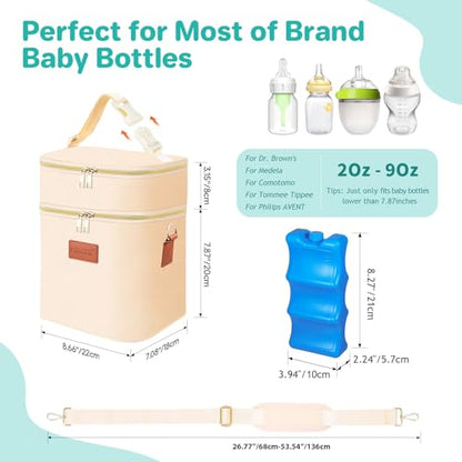 PIIOSER Breastmilk Cooler Bag with Ice Pack Fits 6 Baby Bottles Up to 9 Ounce, Insulated Baby Bottle Tote Bags, Double Layer Waterproof Leak-Proof with Shoulder Strap for Nursing & Working Mom (Cream) - color: Cream