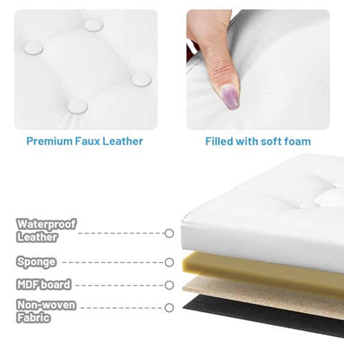 Bsketa Storage Ottoman Foot Rest Stool, Small Leather Storage Ottomans Bench, Folding Footstool with Side Pockets, Foot Rest Under Desk for Living Room Bedroom, 16x12x12 in, White - color: White-with Side Pockets.