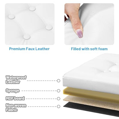 Bsketa Storage Ottoman Foot Rest Stool, Small Leather Storage Ottomans Bench, Folding Footstool with Side Pockets, Foot Rest Under Desk for Living Room Bedroom, 16x12x12 in, White - color: White-with Side Pockets.