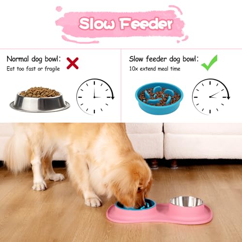 MateeyLife Dog Food and Water Bowl Set 3 in 1, Slow Feeder Dog Bowls & Stainless Steel Water Bowl with Non-Spill Silicone Mat, Cat and Puppy Bowls Pet Dishes for Small Medium Large Breed Anti-Choking - color: Pink, size: Medium