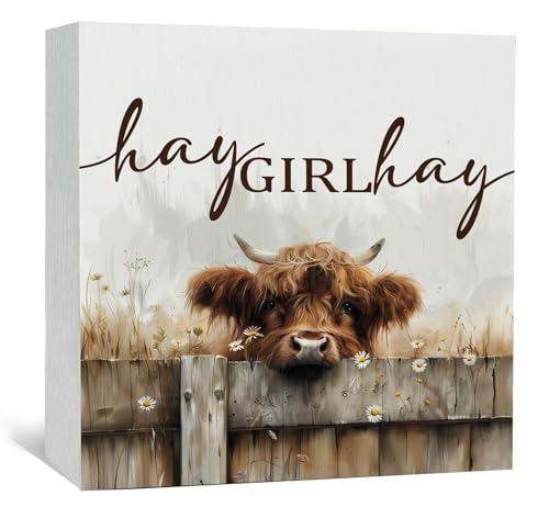 Highland Cow Bathroom Decor Sign - Farmhouse Western Animal Bathroom Decor,Rustic Farm Animal Hay Girl Hay Signs,Highland Cow Gifts for Women Signs & Plaques - color: highland cow hay girl hay, size: 5x5 in
