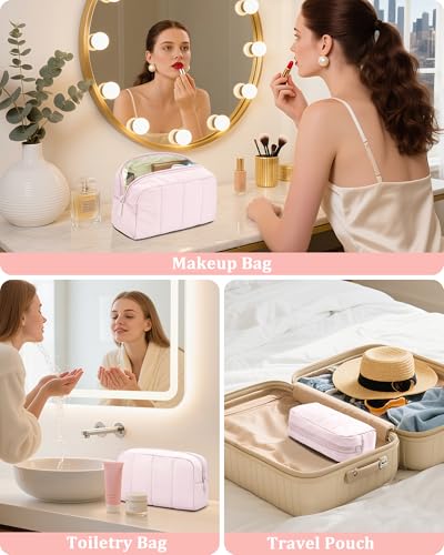 oscaurt Makeup Bag Cosmetic Bag Travel Toiletry Bag for Women Puffy Padded Cosmetic Pouch Purse Wide-open Makeup Organizer Case Travel Essentials - color: Pink