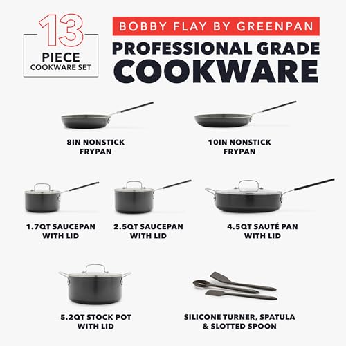 GreenPan x Bobby Flay 13 Piece Nonstick Cookware Pots and Pans Set, PFAS-Free Diamond Ceramic, Induction Suitable, Easy Clean Dishwasher & Oven Safe, Stay-Cool Silicone Handles, Glass Lids, Graphite - color: Graphite