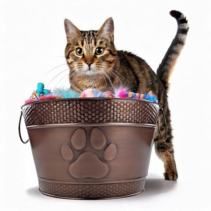 BREKX Metal Indestructible Dog Toy Bin - Storage Bin with Handles, Farmhouse Organizer Storage Basket for Pet Toys, Blankets, Leashes - Home Decor (Lead-Free Copper)