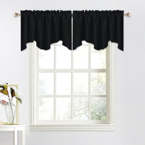 NICETOWN Black Valances for Windows - Energy Efficient Small Short Tiers Scalloped Valance Blackout Curtain Drapes for Dining Room/Living Room/Bathroom/Cafe Window, Set of 2, W52 x L18 - color: Black, size: 52"W x 18"L (Pack of 2)