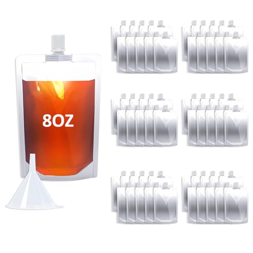 60PCS 8OZ Plastic Flasks,Reusable Drink Pouches with Funnel,Spouted Drinking Bags for Liquid Drink Juice,Leak-Proof Food Grade for Travel Outdoor Sports Concert Cruise Events - color: 8OZ 60PCS+Funnel