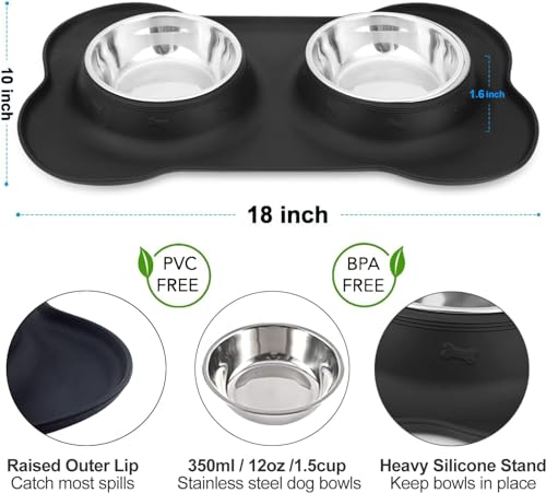 Dog Bowls Stainless Steel Bowls with No Spill Skid Resistant Silicone Mat, 24oz 48oz Dog Food and Water Bowl Set Feeder for Small Medium Large Size,Dogs,Cats Pets Puppy Dish - size: Small/12oz each