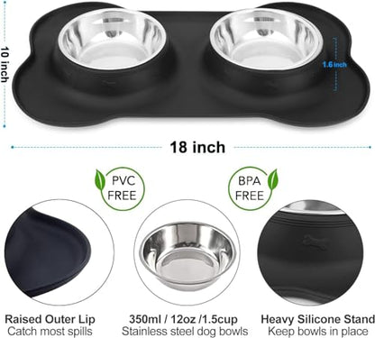 Dog Bowls Stainless Steel Bowls with No Spill Skid Resistant Silicone Mat, 24oz 48oz Dog Food and Water Bowl Set Feeder for Small Medium Large Size,Dogs,Cats Pets Puppy Dish - size: Small/12oz each